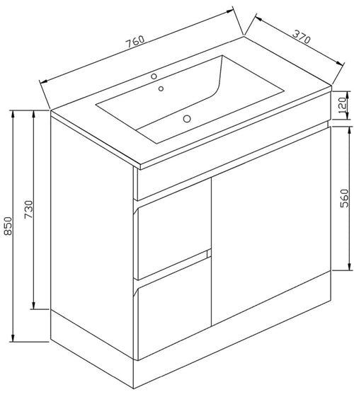 PVC750X360X850 White Vanity With Leg Left Hand Drawer Slimline Ceramic Top
