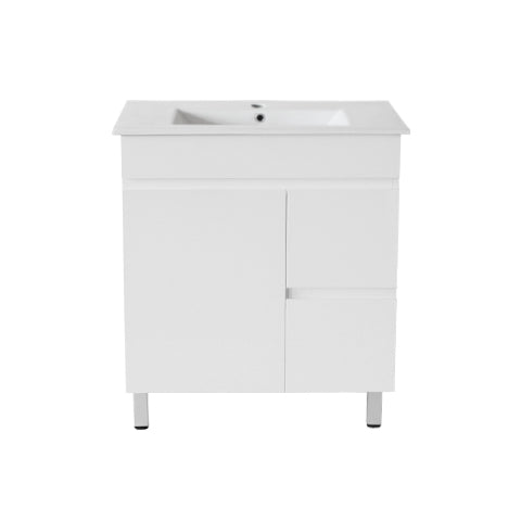 PVC750X360X850 White Vanity With Leg Right Hand Drawer Slimline Ceramic Top