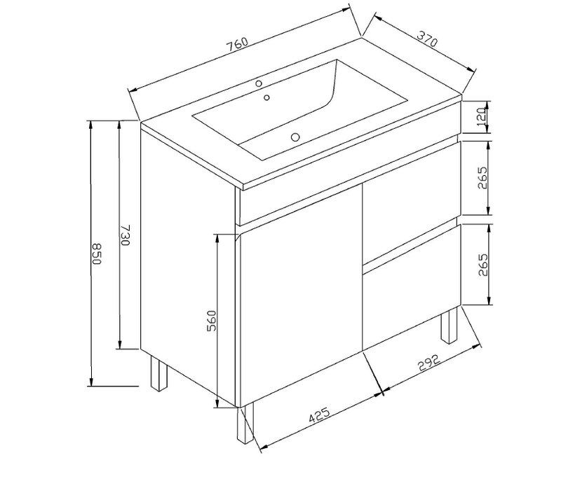 PVC750X360X850 White Vanity With Leg Right Hand Drawer Slimline Ceramic Top