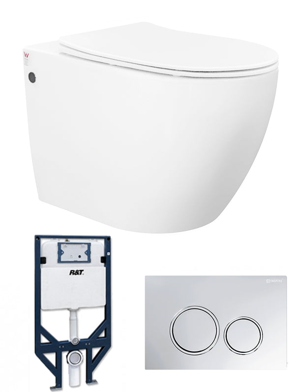 Voghera Rimless Wall Hung Pan, R&T Inwall Cistern with Frame and Push Plate