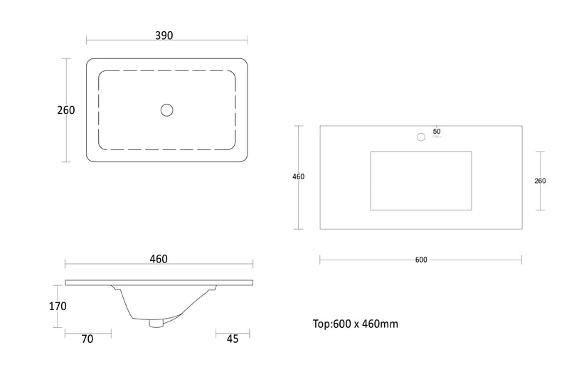 Rock Plate Stone 600x460x15mm Grey Undermount with undermount basin