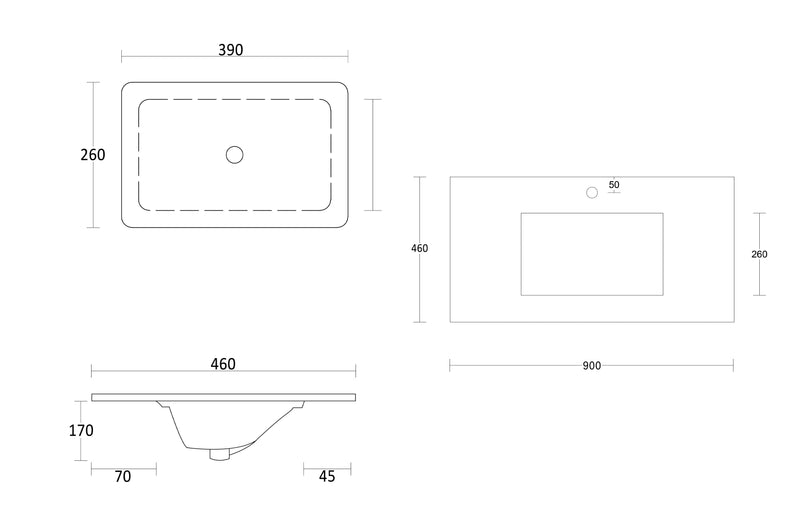 Rock Plate Stone 900x460x15mm Grey Undermount with undermount basin