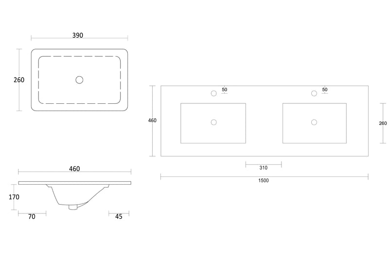 Rock Plate Stone 1500x460x15mm Grey Undermount with undermount basin