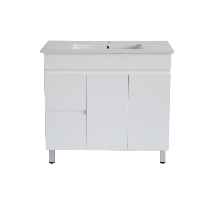 PVC900x460x850mm White Left Hand drawer Vanity With Leg Slimline Ceramic Top