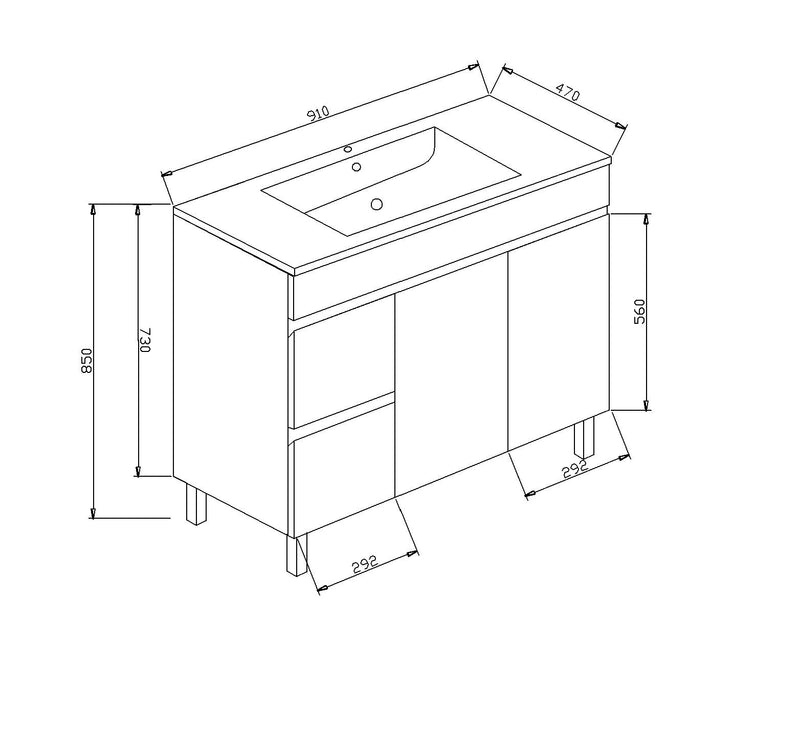 PVC900x460x850mm White Left Hand drawer Vanity With Leg Slimline Ceramic Top
