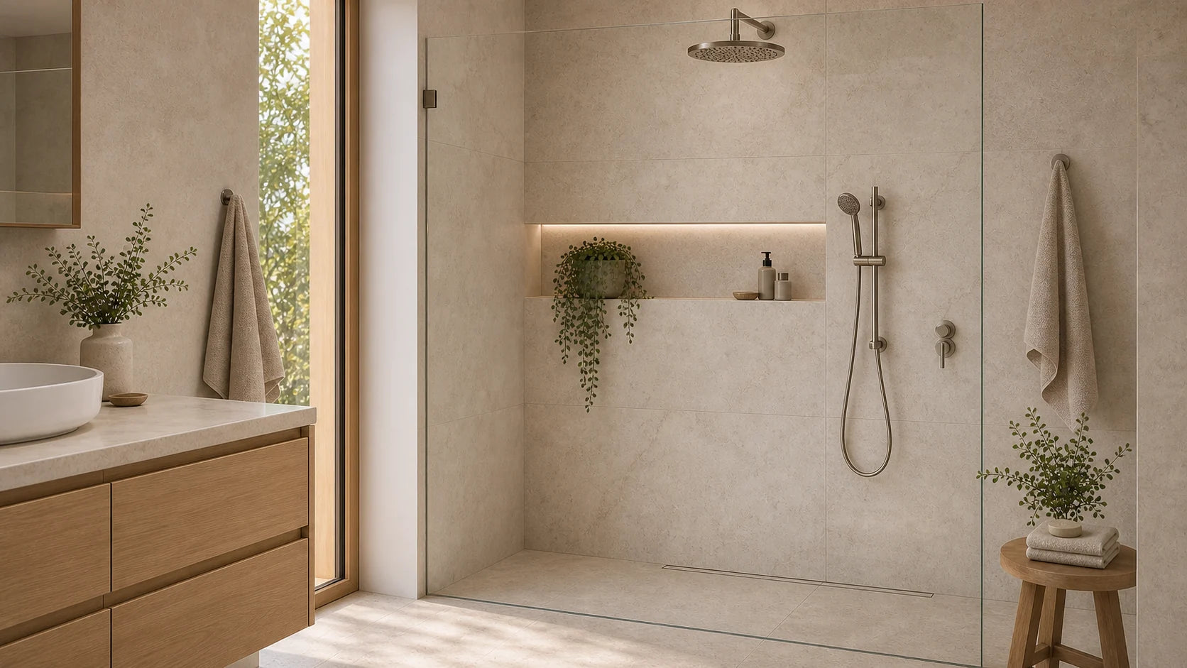 Walk-in shower with frameless glass and brushed-metal shower fittings