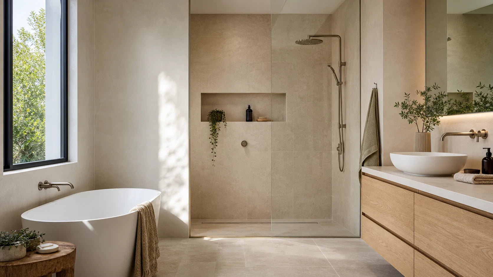 Warm contemporary bathroom with a bath, walk-in shower and timber vanity