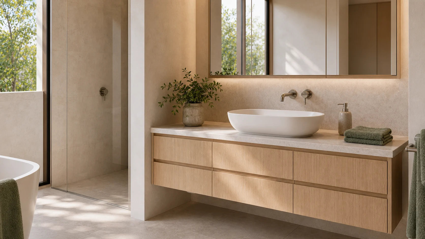Pale timber bathroom vanity with stone top and ceramic basin