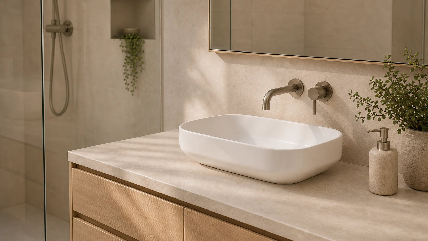 White ceramic countertop basin on a natural-stone and pale timber vanity