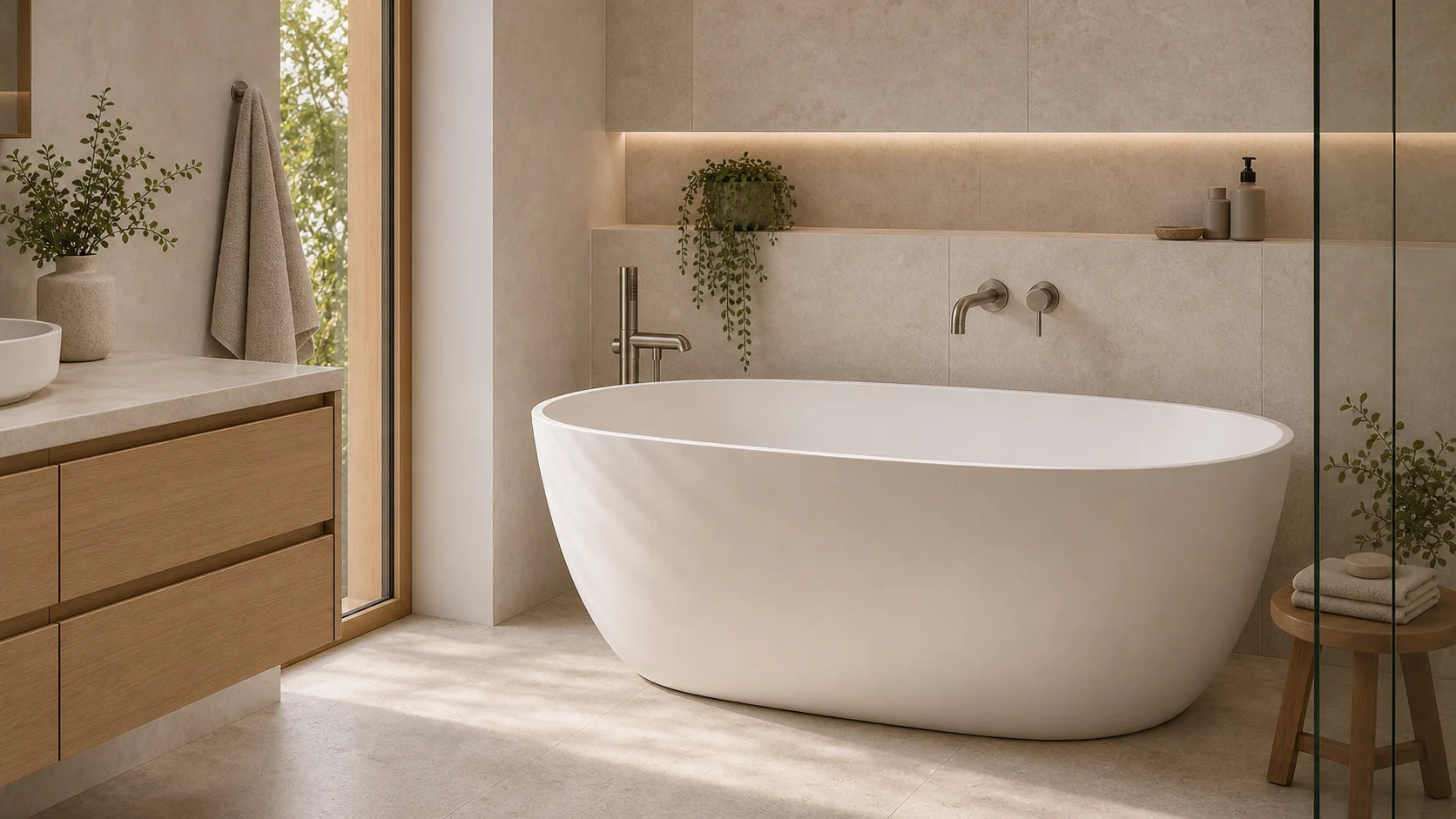 Freestanding white bath in a warm contemporary bathroom