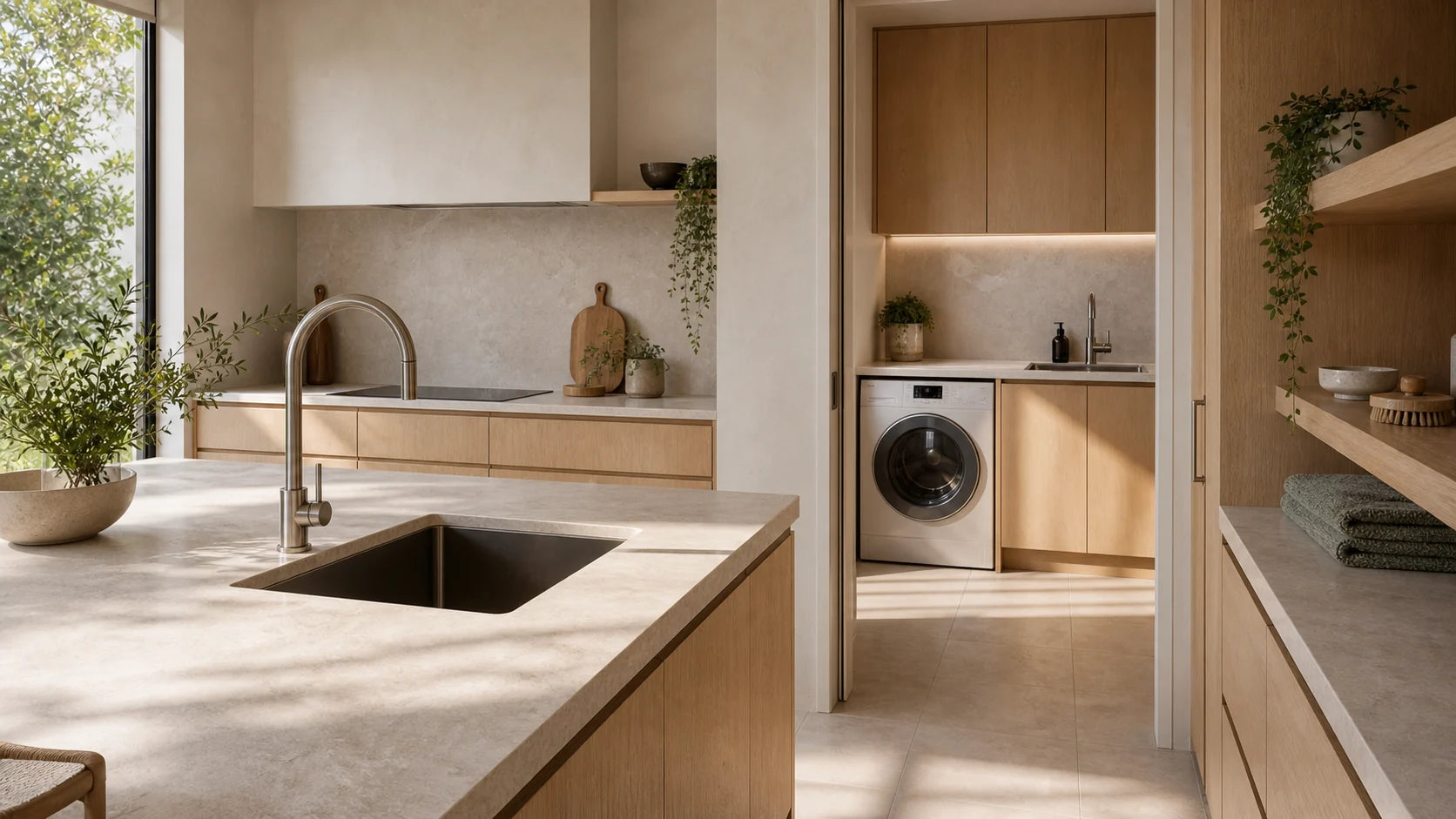 Warm contemporary kitchen and integrated laundry with sinks and pale timber cabinetry